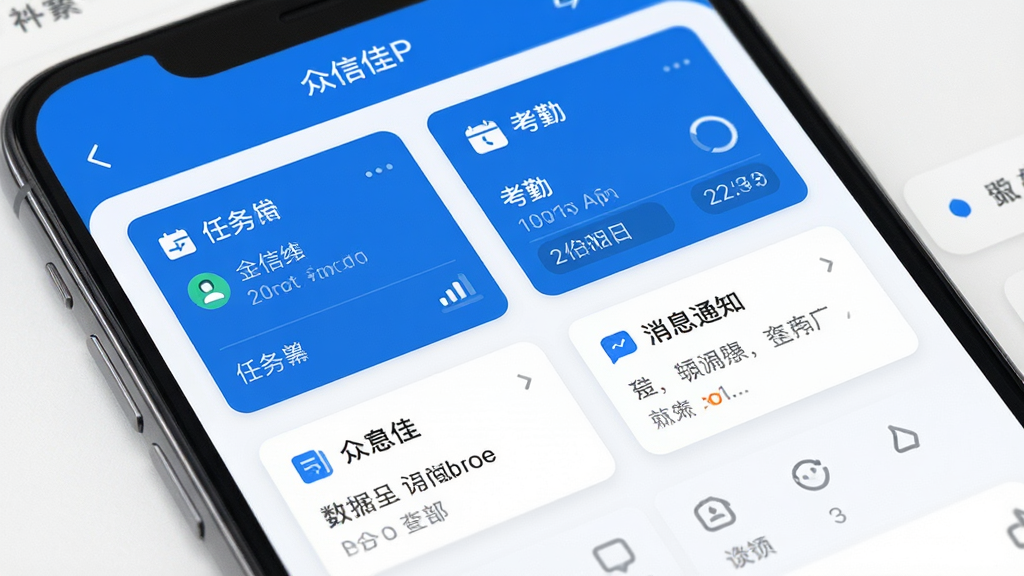 众信佳APP工作台界面特写,手机屏幕展示卡片式功能模块,包含任务卡片、考勤卡片、消息通知卡片,界面简洁清爽,蓝白配色,商务风格,画质清晰,干净无多余元素