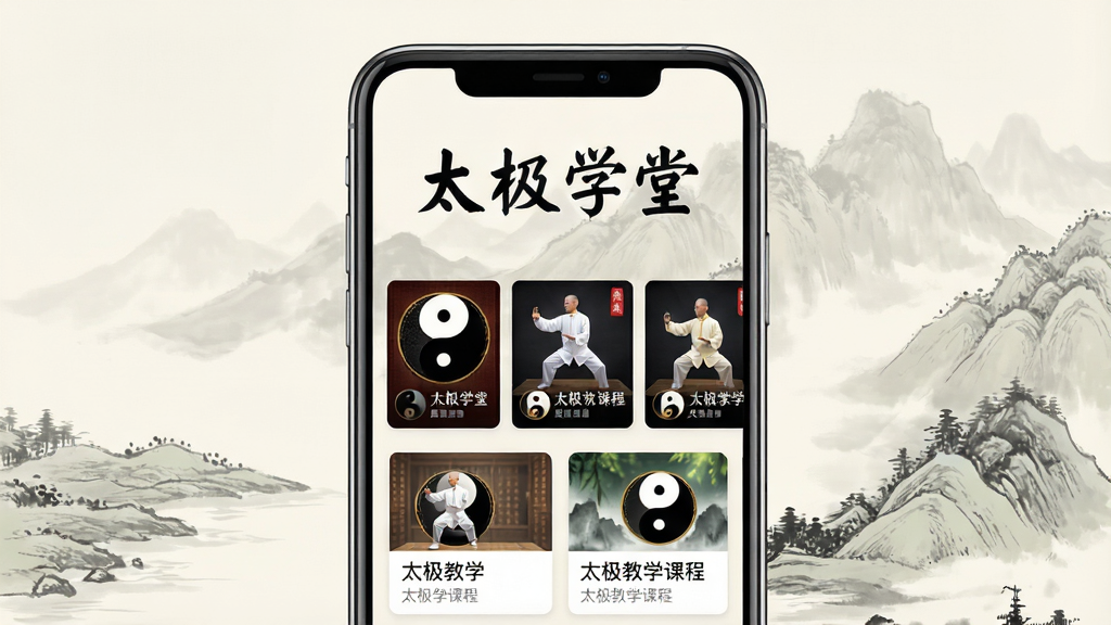 一张手机屏幕展示太极学堂APP首页的图片,画面中央是APP界面,界面上方显示“太极学堂”四个大字,下方排列着太极拳教学课程缩略图,背景是淡雅的山水墨画风格,主体为手机与界面,布局居中,排版简洁,风格为中国风与科技感结合,细节包含太极图案和课程卡片,画质清晰,干净,无多余元素
