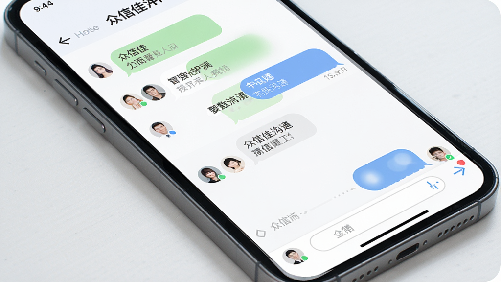众信佳APP消息沟通界面展示,手机屏幕显示聊天会话列表和对话窗口,包含文字气泡和头像,界面干净整洁,浅色背景,风格简约现代,画质清晰,无多余元素