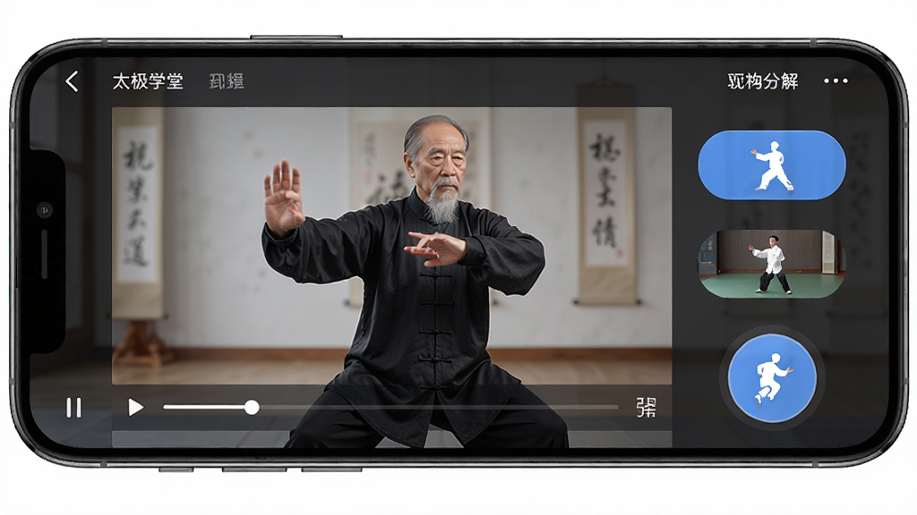 太极学堂APP内名师视频教学界面,画面主体是一位太极拳师傅在演示动作,手机屏幕显示视频播放窗口和动作分解按钮,布局为上下结构,风格写实与UI结合,细节有太极服装和虚拟按键,画质清晰,干净,无多余元素