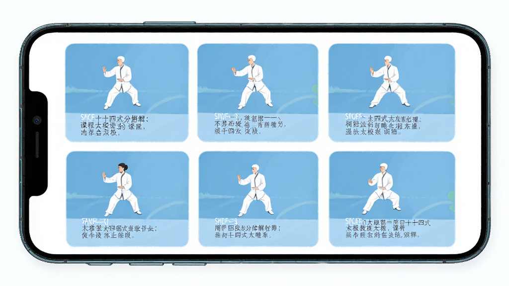 太极学堂APP二十四式分解教学页面,画面主体是手机屏幕显示太极拳动作分解步骤图,布局为列表式课程卡片,风格清新简约,细节有动作示意图和文字说明,画质清晰,干净,无多余元素