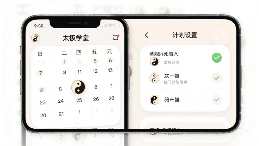 太极学堂APP练习计划与提醒界面,画面主体是手机屏幕显示日历打卡和计划设置页面,布局为卡片式布局,风格柔和圆角,细节有太极图标和打卡标记,画质清晰,干净,无多余元素