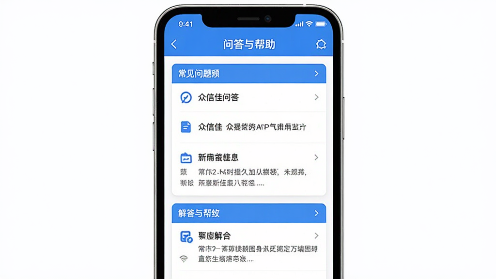 众信佳APP问答与帮助界面示意图,手机屏幕展示常见问题列表和解答内容,界面简洁,蓝白配色,风格清晰,画质干净,无多余元素