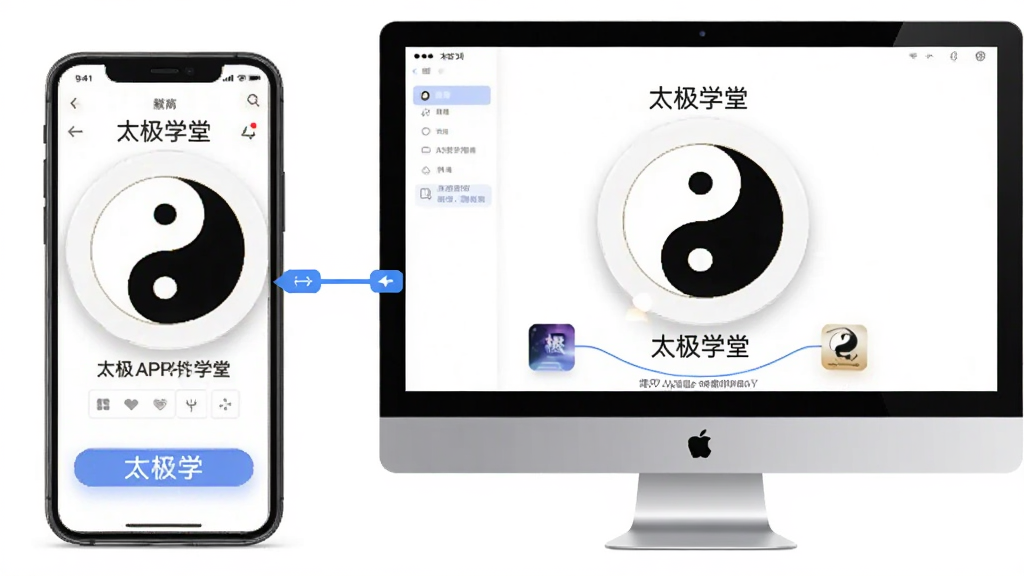 太极学堂APP在手机和电脑模拟器上同时运行的展示图,画面主体是手机与电脑屏幕,布局为左右并排,风格简洁商务,细节有太极学堂界面和连接线,画质清晰,干净,无多余元素