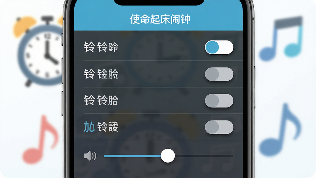 画面主体为手机屏幕特写,屏幕上展示使命起床闹钟的铃声设置界面,界面中有多种铃声选项列表和音量渐进的滑动条,背景为模糊的闹钟图标和音符元素,布局采用左右分栏,左侧显示铃声名称,右侧显示选择按钮,风格为扁平化UI设计,细节包括按钮阴影、列表分割线,画质高清、画面干净、无多余元素,图片中文字为“使命起床闹钟”,整体色调清新明快