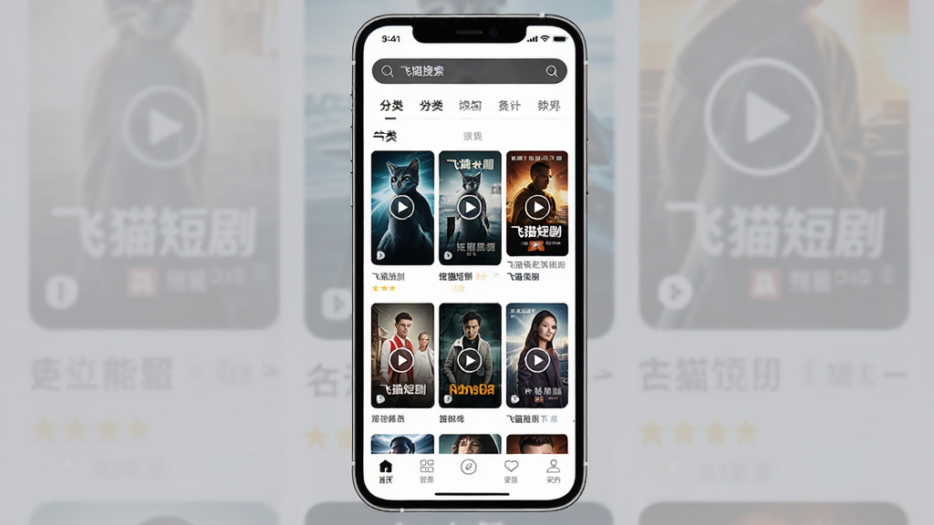 一张展示飞猫短剧APP界面的手机样机图,画面中央是一部竖屏智能手机,屏幕内显示飞猫短剧应用首页,顶部有搜索栏和分类标签,中间是短剧封面网格排列,底部有导航栏,整体布局清晰,风格为现代简约科技感,细节包括封面缩略图、播放按钮图标、分类标签文字,画质高清,干净无多余元素