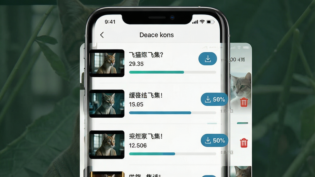 一张展示飞猫短剧离线缓存功能的界面示意图,画面主体是手机屏幕,屏幕内显示缓存管理页面,布局为列表形式,每条缓存记录包含剧集封面、名称、集数、缓存进度条,排版清晰,风格为现代扁平化UI风格,细节包括下载按钮、进度百分比、删除图标,画质高清,干净无多余元素