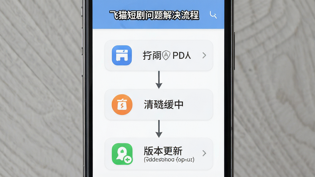 一张展示飞猫短剧问题解决流程的信息图,画面主体是手机屏幕,屏幕内显示故障排查步骤列表,布局为从上到下的流程图形式,包含图标和简短文字说明,风格为简洁信息图风格,细节包括存储空间图标、清除缓存按钮、版本更新提示,画质高清,干净无多余元素