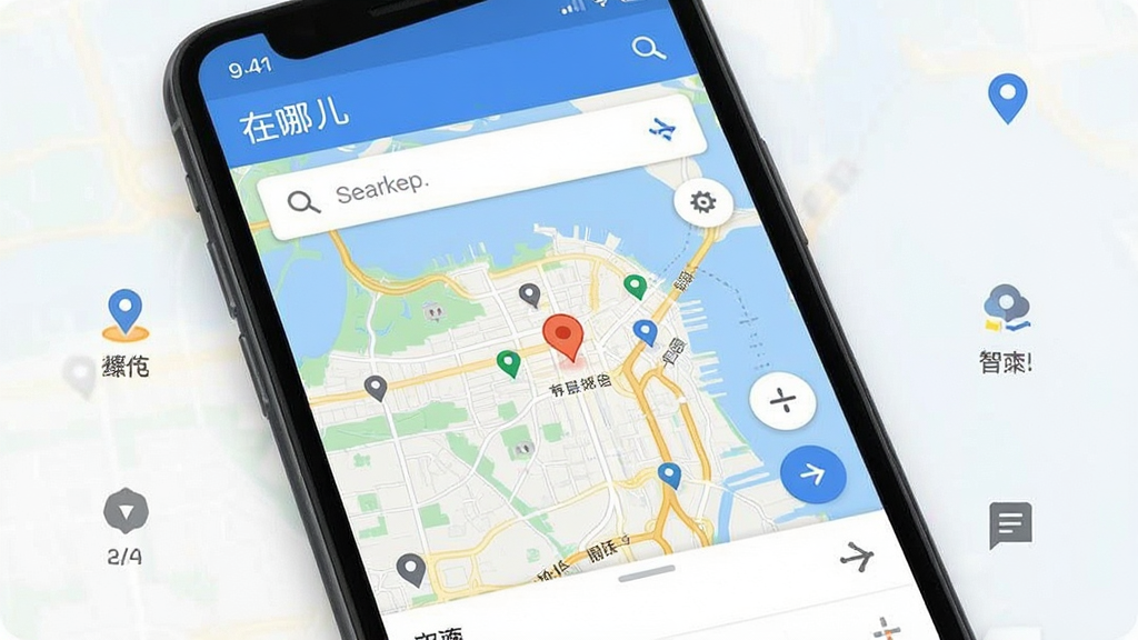 一张展示“在哪儿”软件主界面的手机截图,画面中央是清晰的地图与搜索框,周围环绕着各类地点图标,风格简洁现代,画质干净,无多余元素
