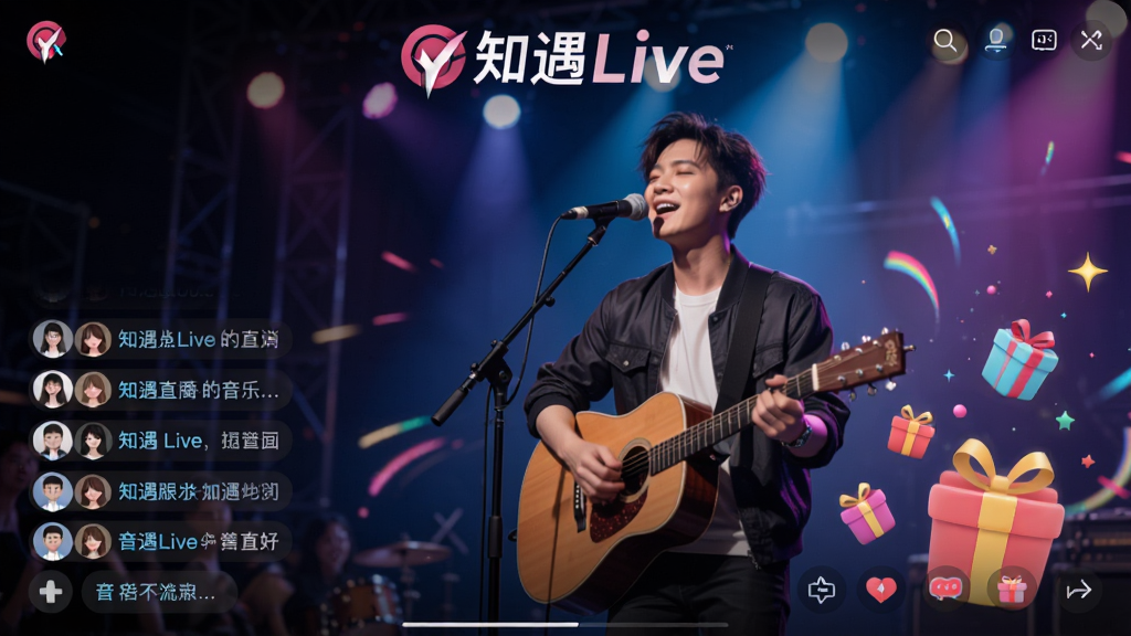 知遇Live软件界面截图,画面展示音乐之旅直播间,一位歌手正在舞台上弹唱,屏幕上方显示知遇Live标志,下方有观众弹幕和虚拟礼物特效,整体风格动感时尚,色彩丰富,画质清晰,干净无多余元素