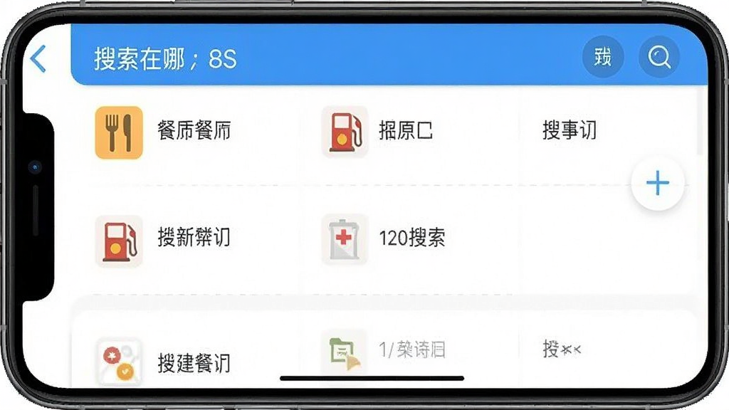 一张“在哪儿”软件展示周边搜索结果列表的手机界面截图,列表中包含餐厅、加油站等图标,布局清晰,风格简洁,画质干净