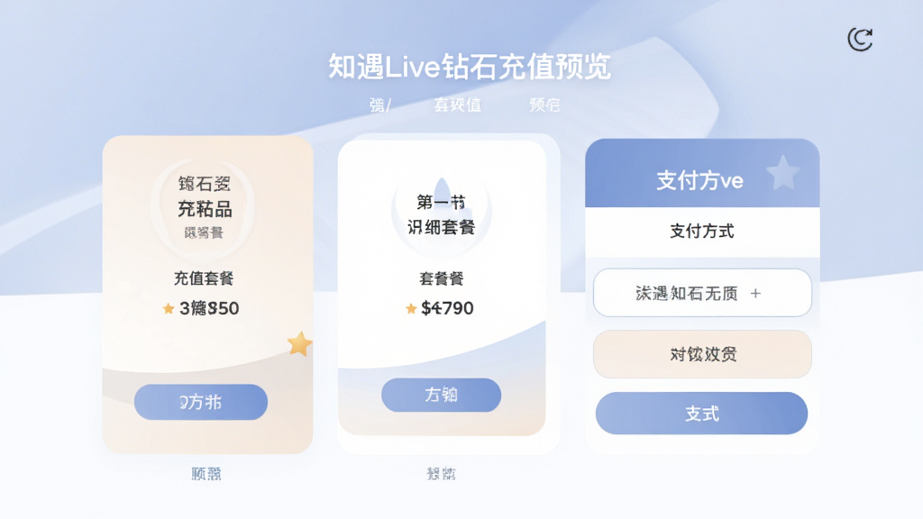 知遇Live钻石充值页面预览图,画面展示充值套餐列表和支付方式选项,界面设计简洁大方,配色柔和,布局清晰,画质高清,干净无多余元素