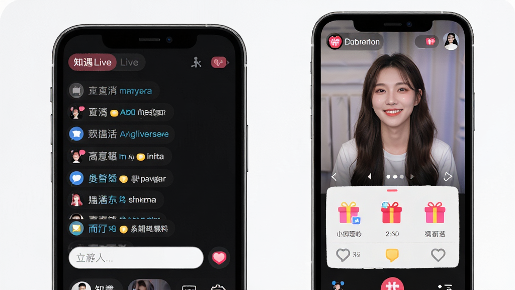 知遇Live移动端操作界面示意图,画面展示手机屏幕上直播间互动场景,包含弹幕输入框、礼物面板和主播画面,布局清晰,风格简洁,画质高清,干净无多余元素