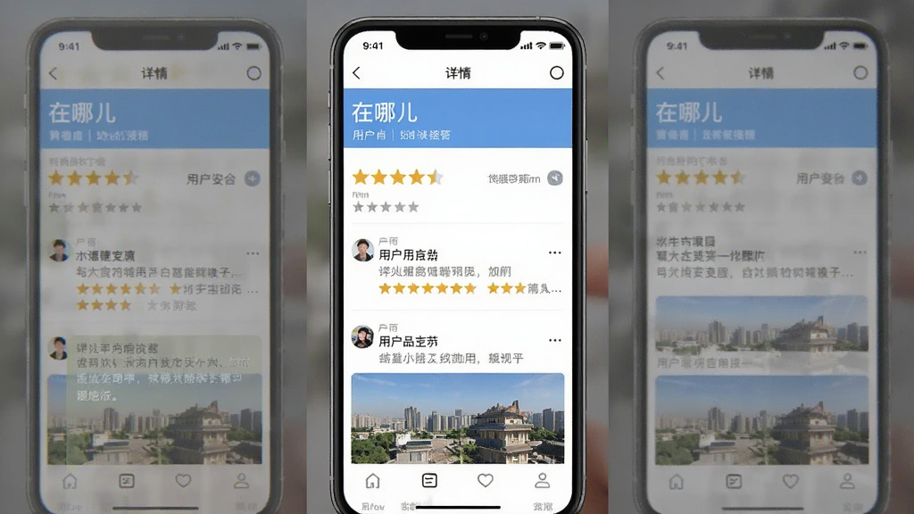 一张“在哪儿”软件展示地点详情页面的手机界面截图,页面中包含评分星级、用户评论和图片,排版整洁,画质干净