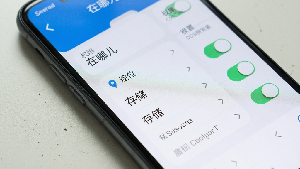 一张展示手机屏幕的图片,屏幕上显示“在哪儿”软件的权限设置界面,有定位、存储等开关选项,风格写实,画质清晰,无多余元素