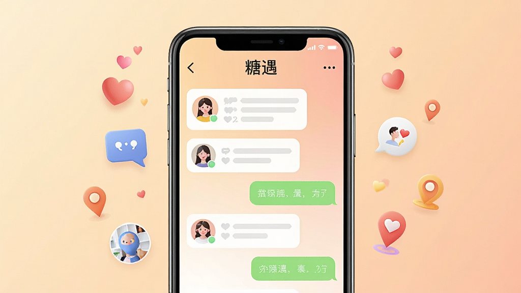 画面中央一部智能手机竖屏展示社交聊天界面,界面顶部有“糖遇”文字标识,屏幕内呈现多个用户头像卡片与聊天气泡,背景为柔和暖色调渐变,周围漂浮着爱心、对话气泡、定位图标等元素,整体布局居中对称,风格清新现代,细节丰富,画质清晰,干净无多余元素