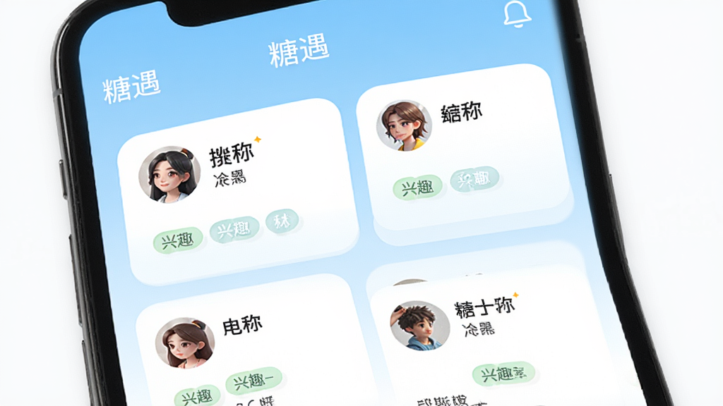 手机屏幕中显示“糖遇”应用首页,卡片式用户推荐列表整齐排列,每张卡片包含头像、昵称与兴趣标签,背景为浅蓝色渐变,界面干净清爽,画质清晰,无多余元素