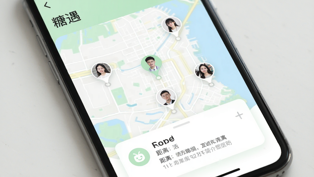 手机屏幕展示“糖遇”附近的人功能界面,地图背景上有多个用户头像标记点,底部卡片显示距离与简介,整体色调为浅绿与白色搭配,风格简洁,画质清晰,干净无多余元素