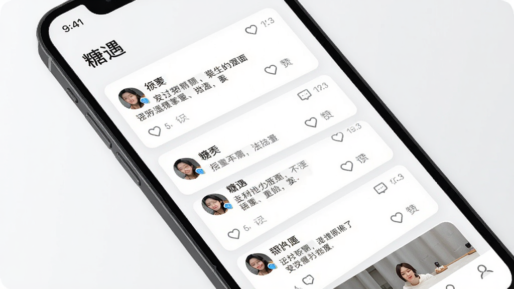 手机屏幕展示“糖遇”动态社区页面,瀑布流式图文卡片排列,每张卡片包含用户头像、文字内容与点赞评论图标,背景为白色与浅灰搭配,风格简约,画质清晰,干净无多余元素