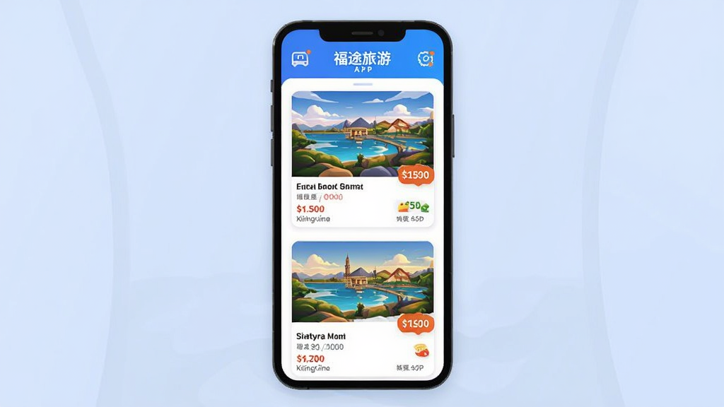 һ��AI���ɵĲ廭����������Ϊ��;����APP����·�б�ҳ�棬�ֻ���Ļ��չʾ������β�Ʒ��Ƭ��ÿ����Ƭ����Ŀ�ĵط羰ͼ�ͼ۸��ǩ���������룬����ִ���ƽ����ɫ�������������������ɾ�������Ԫ��