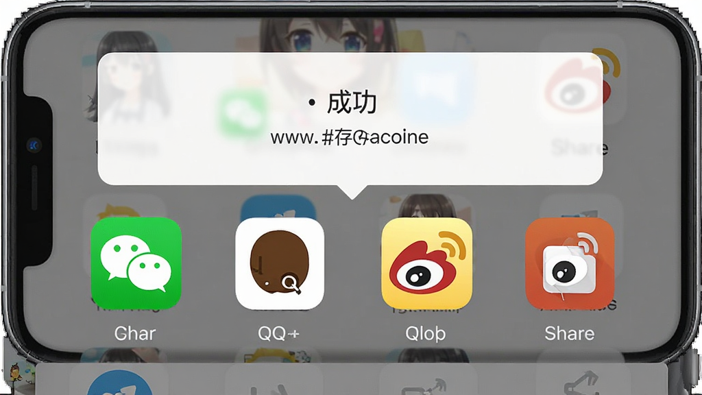 一张展示动漫头像软件保存分享功能的图片,主体是手机屏幕中显示保存成功提示和多个社交平台分享图标,布局为居中弹出式,排版清晰,风格为简约现代,细节包括微信、QQ、微博等图标,画质高清,干净,无多余元素