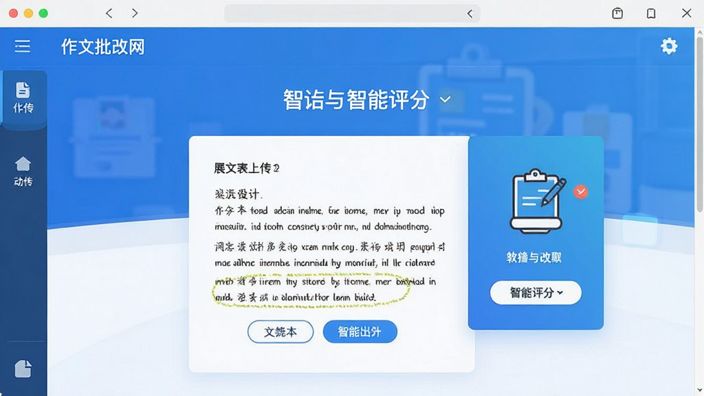 作文批改网 软件主界面 展示作文上传与智能评分功能 蓝色调 干净整洁 无多余元素 高清画质