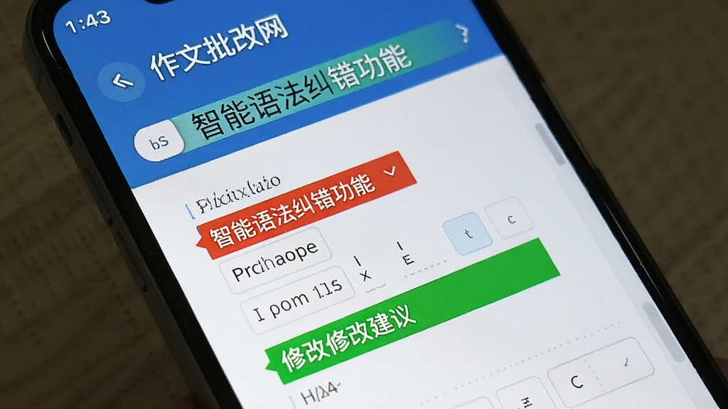 作文批改网 智能语法纠错功能界面 红色标注错误 绿色显示修改建议 手机屏幕截图风格 清晰 干净