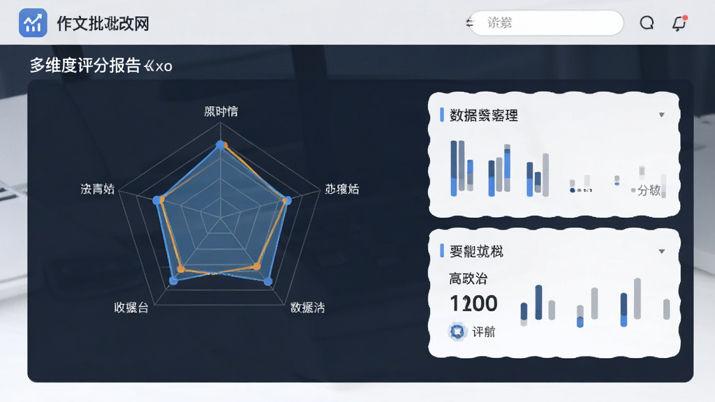 作文批改网 多维度评分报告页面 雷达图与分数展示 数据可视化 简洁商务风格 高清