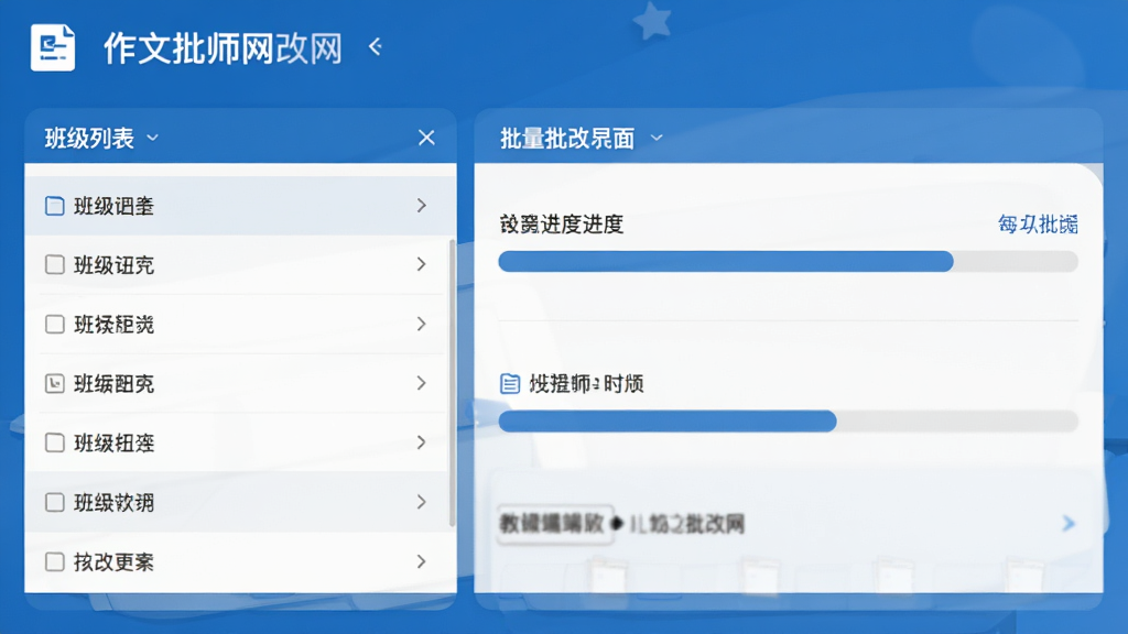 作文批改网 教师端批量批改界面 班级列表与进度条 办公风格 蓝色主色调 无杂乱元素