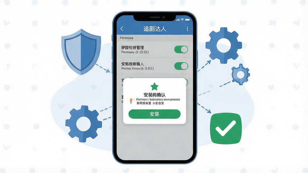 一张展示“追剧达人”在手机上安装与权限设置界面的图片,画面中央是手机屏幕,屏幕内显示权限管理列表和安装确认弹窗,手机周围有盾牌、齿轮、勾选标记等元素,布局为纵向构图,排版突出权限开关与安装按钮,风格为简洁扁平插画,细节包括权限文字、开关状态、提示图标,画质高清,干净,无多余元素