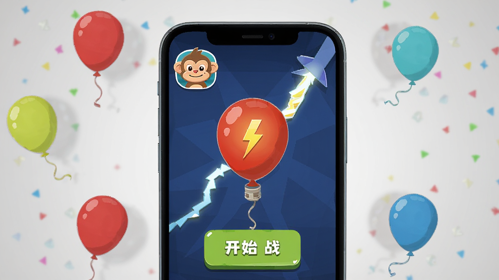 画面展示一部智能手机屏幕中显示气球闪电战的游戏主界面,界面上有卡通猴子头像、气球图标和开始对战按钮,手机周围散落着几颗小气球作为装饰,背景为浅灰色渐变,布局居中,风格为扁平化数码产品展示图,画面干净,无多余文字,高清画质。