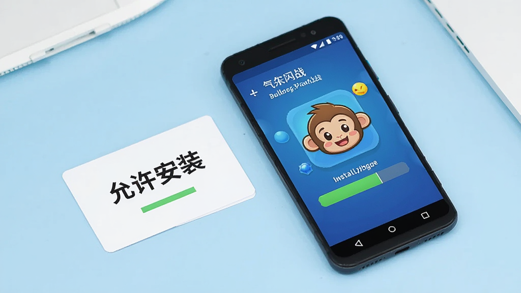 画面中一部安卓手机正在安装气球闪电战游戏,屏幕上显示安装进度条和卡通猴子图标,手机旁边放着一张写有“允许安装”的提示卡片,背景为浅蓝色桌面,布局简洁,风格为扁平化科技插画,画面干净,无多余元素,高清画质。