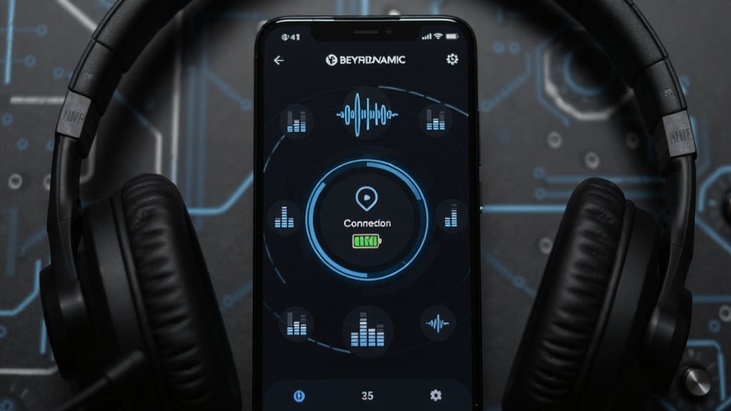 一部智能手机屏幕显示 beyerdynamic 应用主界面,界面中央是耳机连接状态与电量显示,周围环绕声波与均衡器图标,主体突出手机与耳机,布局为居中对称式排版,风格为现代科技感与专业音频质感结合,细节包括深色背景、蓝色光效线条、简洁的图标与文字标签,画质高清干净无多余元素