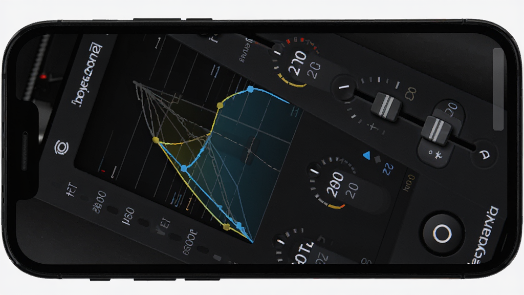 beyerdynamic 应用均衡器界面,主体为手机屏幕显示多段均衡器曲线与滑块,布局为纵向排列频段控制,风格为深色专业音频界面,细节包括频率数值、增益刻度、重置按钮,画质高清干净无多余元素