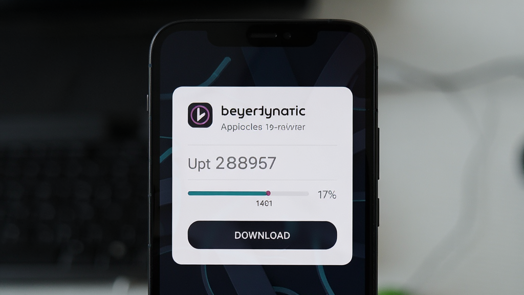 手机屏幕显示 beyerdynamic 应用固件更新页面,主体为手机与进度条,布局为居中卡片式,风格为简洁科技风,细节包括更新版本号、进度百分比、下载按钮,画质清晰干净无多余元素