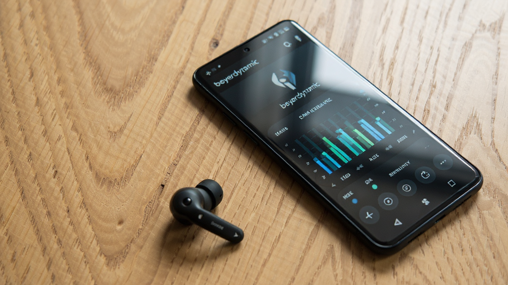 一部安卓手机与拜雅无线耳机放在木质桌面上,手机屏幕显示 beyerdynamic 应用正在调节均衡器,主体为手机与耳机,布局为斜角俯视构图,风格为生活化科技场景,细节包括桌面纹理、耳机细节、屏幕反光,画质高清干净无多余元素