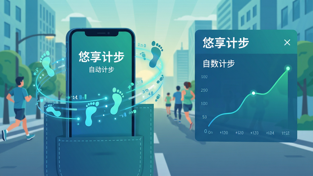 一幅展示悠享计步后台自动计步功能的插画,画面主体是一部手机放在口袋中,周围环绕着流动的步数数据线条和脚印图标,背景是城市街道与晨跑人群,布局为手机居中偏左,右侧有数据面板显示“悠享计步”和步数增长曲线,风格为扁平化科技感,细节包括数据线条发光、脚印清晰,画质干净,无多余元素,文字为中文“悠享计步”“自动计步”,整体色调以蓝绿为主,高清画质