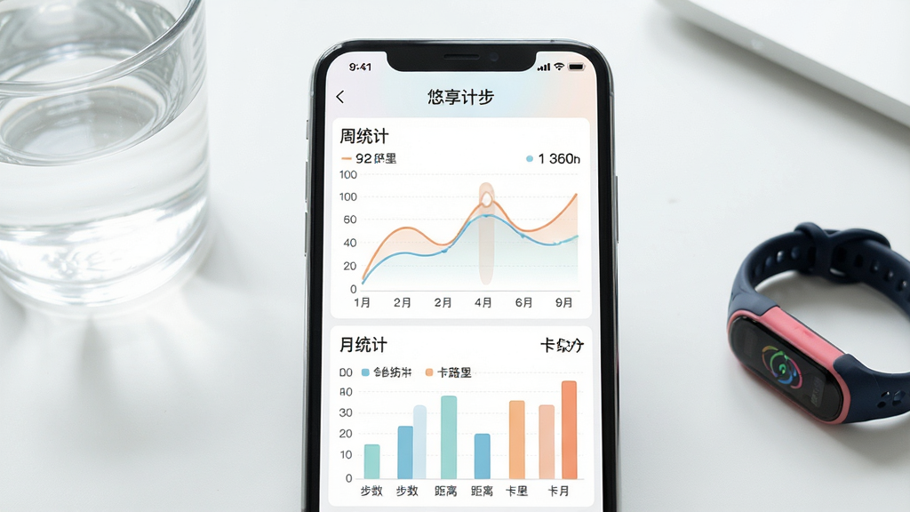 一张悠享计步运动数据统计界面的图片,画面中央是手机屏幕,显示折线图和柱状图,图表中标注了步数、距离、卡路里等数据,背景是简洁的白色桌面,旁边有一杯水和运动手环,布局为手机居中,图表色彩柔和,风格为清新简约,细节包括图表线条流畅、数字清晰,画质干净,无多余元素,文字为中文“悠享计步”“周统计”“月统计”,高清画质