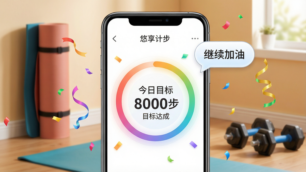 一幅展示悠享计步目标设定与提醒功能的图片,画面主体是手机屏幕显示目标进度环,环内写着“今日目标8000步”,周围有庆祝彩带和提醒气泡,背景是室内健身角落,有瑜伽垫和哑铃,布局为手机居中,风格为温馨活力,细节包括进度环渐变色彩、气泡文字“继续加油”,画质干净,无多余元素,文字为中文“悠享计步”“目标达成”,高清画质