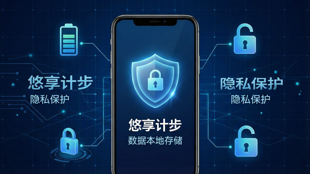 一张展示悠享计步低功耗与隐私保护特性的图片,画面中央是一部手机,屏幕显示盾牌图标和“数据本地存储”字样,背景是深蓝色科技网格,周围有电池图标和锁形符号,布局为手机居中,风格为安全科技感,细节包括盾牌发光、网格线条细腻,画质干净,无多余元素,文字为中文“悠享计步”“隐私保护”,高清画质