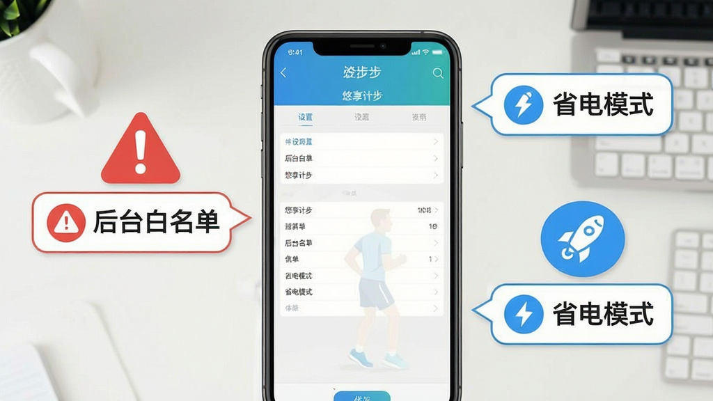 一幅展示悠享计步新手避坑指南的图片,画面主体是一部手机屏幕显示设置界面,旁边有红色警告图标和蓝色优化图标,背景是简洁的桌面,布局为手机居中,周围有提示气泡,风格为信息图表风,细节包括图标清晰、文字为中文“悠享计步”“后台白名单”“省电模式”,画质干净,无多余元素,高清画质