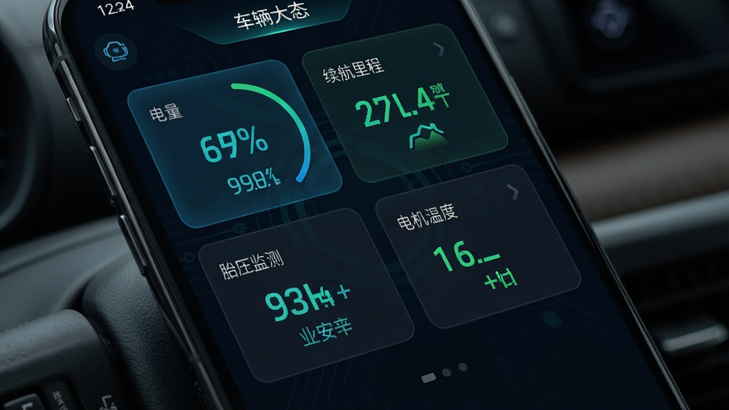 手机屏幕展示智能电动车连接管家的车辆状态仪表盘界面,包含电量百分比、续航里程、胎压监测、电机温度等数据卡片,背景为深色科技风格,数据以蓝绿色高亮显示,布局整齐,细节清晰,画质高清,干净,无多余元素