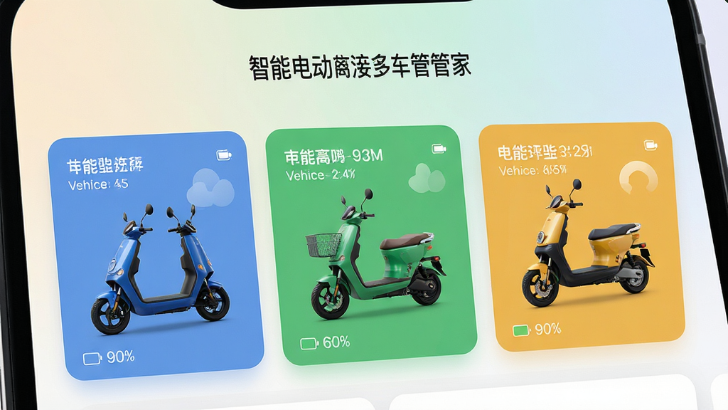 手机屏幕显示智能电动车连接管家的多车管理界面,页面中排列着三辆不同颜色的电动车卡片,每张卡片显示车辆名称和电量状态,背景为柔和渐变浅色,布局整齐,风格简约,细节清晰,画质高清,干净,无多余元素