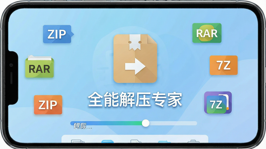一张手机屏幕展示全能解压专家软件主界面,界面中央有醒目的压缩包图标和“全能解压专家”文字,背景为浅蓝色渐变,周围环绕ZIP、RAR、7Z等格式标签,整体布局简洁清晰,风格为扁平化科技感,细节包含解压进度条和文件列表,画质高清,干净,无多余元素