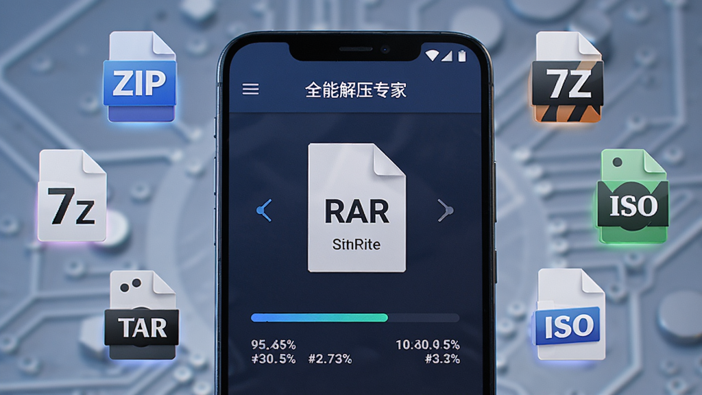 一部安卓手机特写,屏幕上显示全能解压专家正在解压一个RAR文件,周围漂浮着ZIP、7Z、TAR、ISO等格式图标,主体突出手机和软件界面,布局采用中心构图,风格为现代科技感,细节有进度百分比和文件大小数字,画质高清,干净,无多余元素