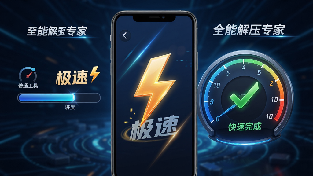 手机屏幕显示全能解压专家解压速度对比界面,左侧为普通工具缓慢进度条,右侧为全能解压专家快速完成打勾,主体为手机和速度仪表盘,布局左右对比,风格为动感科技风,细节有“极速”文字和闪电图标,画质高清,干净,无多余元素
