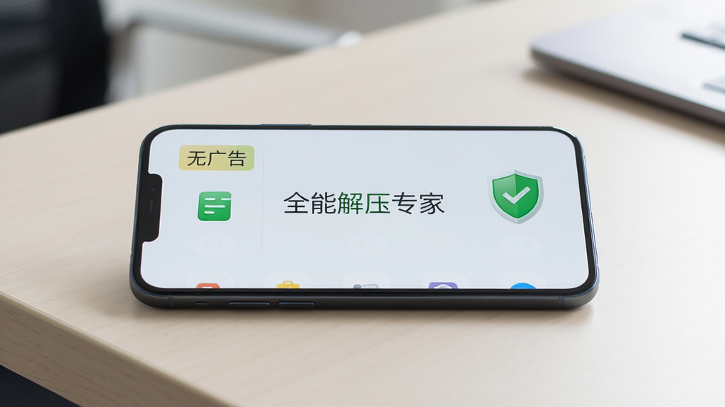 一部手机平放在桌面上,屏幕显示全能解压专家主界面,界面清爽无广告,主体为手机和软件界面,布局为居中展示,风格为极简商务,细节有“无广告”标签和绿色盾牌图标,画质高清,干净,无多余元素