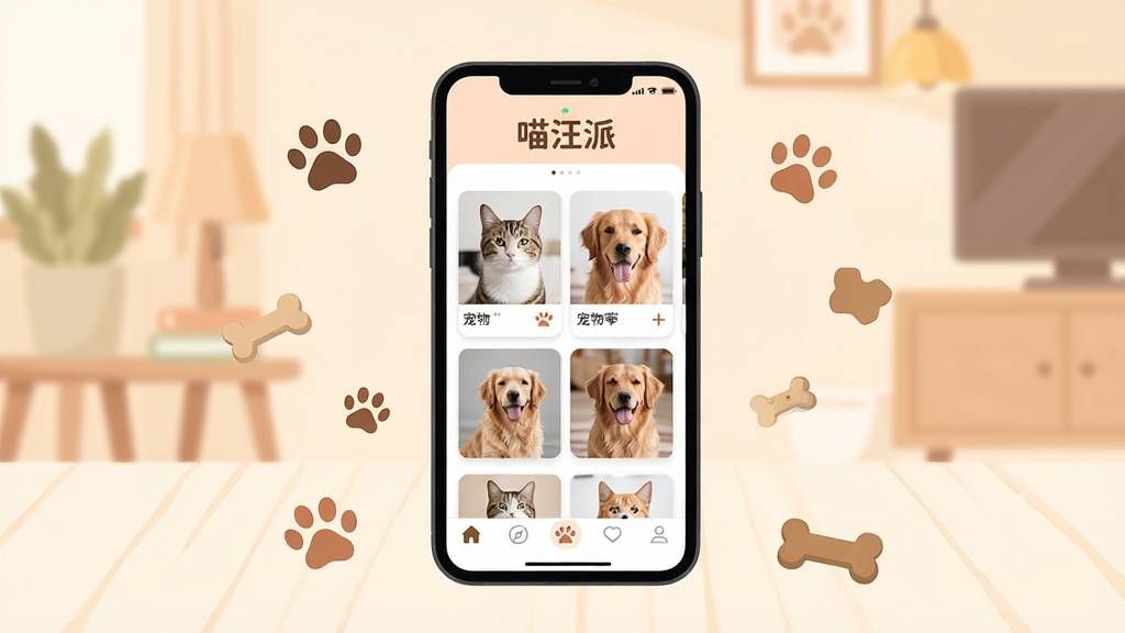 һ��չʾ�������ֻ�Ӧ�ý���ĳ���ͼ������������һ�������ֻ�����Ļ����ʾ������APP�ĳ���������ҳ��ҳ�涥�������������ֱ�ʶ���м������Ŷ���è��������Ƭ��Ƭ���ײ��е�����ͼ�꣬�ֻ���Χɢ����èצӡ�͹���ͷСװ�Σ�������ǳɫ��ܰ�����ڻ��������������¿ɰ�����ƽ��UI��ƣ������������ɾ����޶���Ԫ��