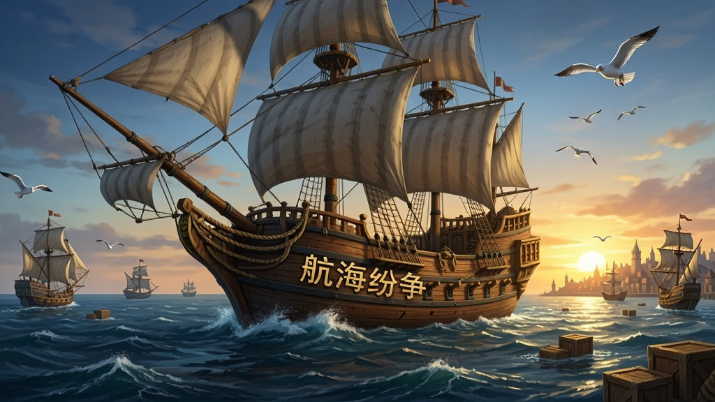 一幅宏大的航海主题数字插画,画面中央是一艘雄伟的中世纪三桅帆船,船身刻有“航海纷争”四个金色大字,船头劈开深蓝色海浪,背景是落日余晖下的海平线与远处若隐若现的港口城市,天空中飞翔着几只海鸥,海面上散布着其他小型船只与漂浮的货物木箱,整体布局为横向宽幅构图,风格为写实游戏概念艺术,细节包括船帆的纹理、绳索的走向、海面的波光与云层的层次,画质高清,干净,无多余元素