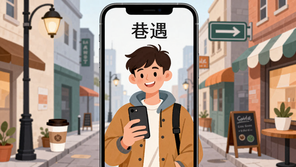 手机屏幕中央显示“巷遇”应用界面,背景是城市街巷的插画风格,主体为一位年轻人拿着手机微笑,布局采用居中构图,排版简洁,风格为扁平化插画,细节包括街灯、路牌、咖啡杯等元素,画质高清,干净,无多余元素